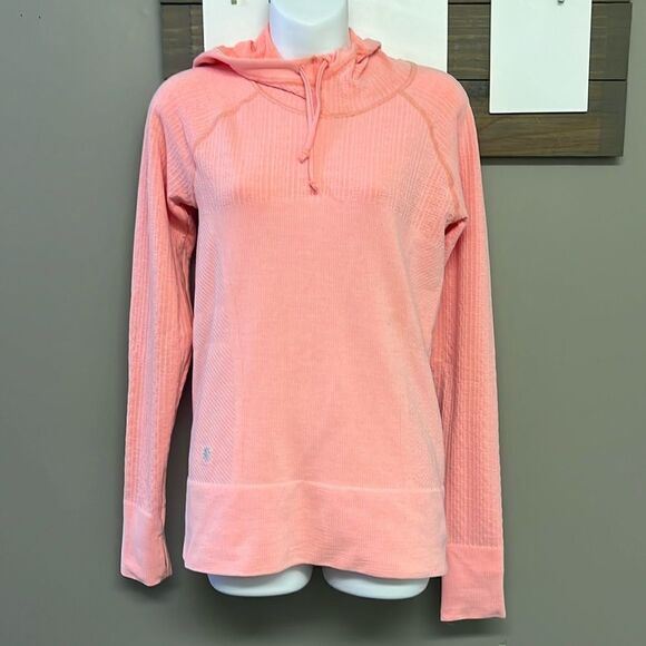 Athleta Bright Salmon Pullover Fitted Hoodie with Drawstrings & Thumb Holes- Med - Picture 1 of 11